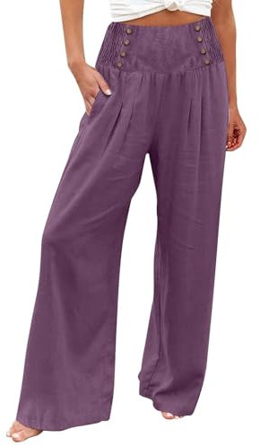 Pantalones clásicos de otoño para mujer, talla grande, de pierna ancha, transpirables, de cintura alta, pantalones de viaje sólidos, holgados, pantalones de lino para mujer, medicina corta, Lila-a., M