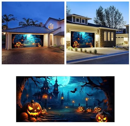 Pancarta grande para puerta de garaje de Halloween, telón de fondo colgante para puerta, bruja aterradora, castillo, cementerio, decoración de fiesta de Halloween para el hogar, pared, ventana, patio,