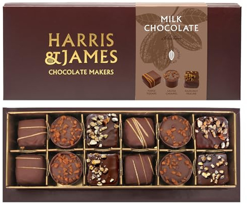 Harris & James Milk Chocolate Collection 12 Piece Chocolate Selection Box. Handmade Luxury Milk Chocolates From Bean To Bar. Fudge Square, Salted Caramel & Hazelnut Praline Mixed Selection Box 180g