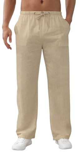 Aisprts Pantalon Lino Hombre Pantalones Holgados de Ocio Pantalones Ligeros de Verano para Hombre con Bolsillos, Cintura Elástica y Cordón, Beige, L