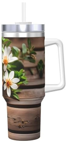 Botella de agua aislada de doble pared de acero inoxidable con asa y tapa con pajita, diseño de flor verde azulado sobre tablón de madera, 40 onzas