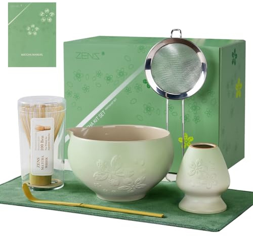 ZENS Premium Matcha Whisk Set, 6pcs Matcha Kit for Matcha Latte, Green | Ceramic Matcha Set Icludes Sakura Bowl, Bamboo Whisk, Chasen Holder, Scoop, Sifter & Tea Mat, Japanese Tea Ceremony