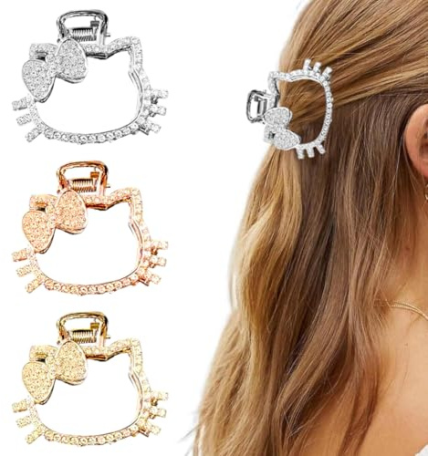 JAWUZ 3PCS Kitty haarklammer metall, haarklammer glitzer, Kristall-Haarklammern, Metall-Haarschmuck für Damen und Mädchen