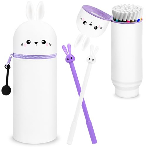 Federmäppchen aus Weichem Silikon, 2-in-1 Weiche Silikontasche mit Teißverschluss, Schlampermäppchen und Stifteköcher 2 in 1, Cartoon Tischstifthalter Reißverschluss für Mädchen Teenager (Kaninchen)