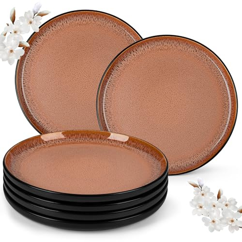 Steingut Teller Set 6 personen, vancasso AMBER Speiseteller Set 6 Stück, Teller Flach ø 26cm, Tiefe Teller Geschirr für Salat, Spülmaschine und Mikrowellenfest, Reaktive Glasur, Feuerrot