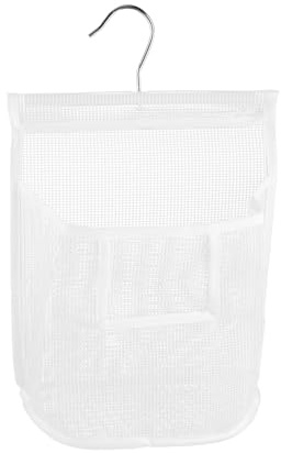 Tabanzhe Hanging Mesh Bag with Hook,Peg Bag Basket Shower Caddy Laundry Organizer Reusable Clothes Pegs Bag for Washing Lines Home College Travel Gym(White)
