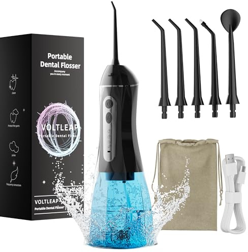 Hydropulseur dentaire pour adultes, cure-dents pour le nettoyage des dents et la soie dentaire, fil dentaire portable pour voyage, sac de voyage et 4 embouts, étanche IPX7 – Noir