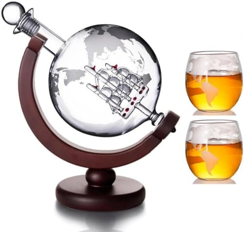 ZhouZGlass 850ML Whiskey Decanter Set, Whiskey Globe Decanter with 2 Glasses, 4 Whiskey Stones, Accessories for Whiskey, Bourbon, Vodka, Tequila, Ideal Gifts for Men