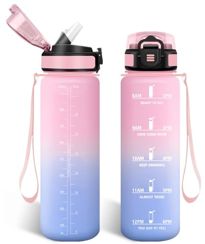 HoneyHolly Gourde 1l, Étanches, Gourde Paille, sans BPA & Réutilisable, Bouteille, Motivation Bouteille d'eau, Avec Marqueur de Temps, Water Bottle pour Gym, Ecole, Cyclisme, Plein air, Sport