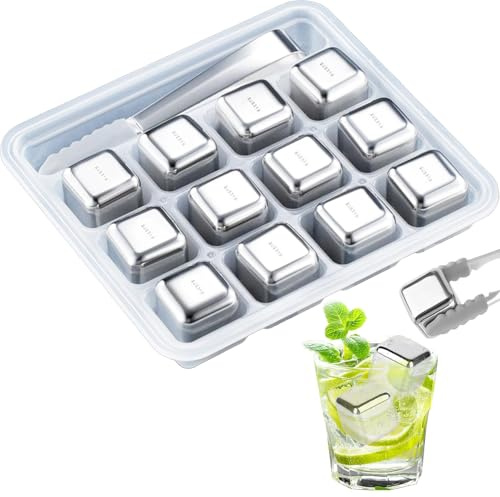 WUBAYI 12 Pack Wiederverwendbare Eiswürfel - 304 Edelstahl mit Zange & Aufbewahrungsbox - Gefriereis für Wein/Wodka/Whisky/Bier/Säfte