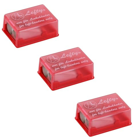 KUM - Doppelspitzdose Lefty, rot, 3er Pack | Anspitzer mit Behälter für Linkshänder, ideal für Blei- und Buntstifte
