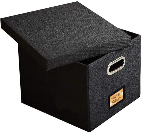 Suxdlan Caja de Almacenamiento de Registro de Vinilo, Cubo de Almacenamiento de Registro de Vinilo Plegable 13x13x13 con Tapa, Mango y Ventana de Etiqueta, Lino de algodón Negro para LP, EP