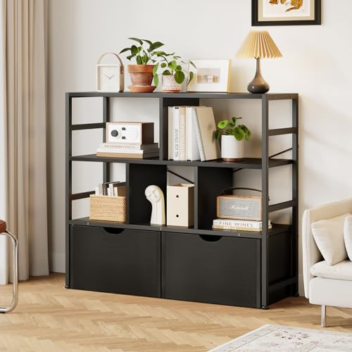 Dripex Bücherregal mit 2 Schubladen und 7 Fächern 33 x 100 x 90 cm, Schwarz | Küchenregal aus Holz und Metallrahmen Standregal Würfelregal für Schlafzimmer Wohnzimmer Büro Küchen