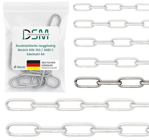 DSM – Rundstahlkette 6 mm Ø – langgliedrig DIN 763 – Edelstahl A4 – 5 m | 1 Stück Meterware – Bruchlast 1250 kg [TrueSpec Präzision] Edelstahlkette rostfrei für Garten, Boot, Werkstatt & Dekoration