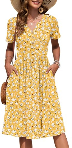AUSELILY Vestido Verano Manga Corta Mujer Largo hasta La Rodilla Bolsillos | Cuello en V, Estilo Imperio Informal, Vestidos con Botones