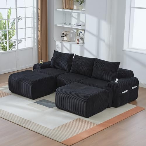 Ligterra Wohnlandschaft U Form, Modulares Sofa, Boneless Couch mit 2 Hockern, Cordstoff, mit Getränkehalter & Seitlicher Aufbewahrungstasche, für Wohnzimmer, Büro, 268×174×80cm (Schwarz)