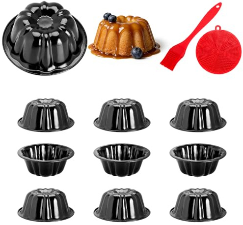 Quyimy 10 Pcs Mini Fluted Ring Cake Tin Moulds, 11.5cm Cup Non-Stick Carbon Steel Ring Cake Mould for Individual Desserts, Angel Cake Pan for Baking Small Cakes, PFOA Free, Dishwasher Safe