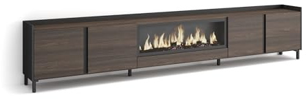 Skraut Home | TV-Schrank, Lowboard | für Wohnzimmer und Esszimmer | 315x61x35 cm | Für TV-Geräte bis zu 80 | Elektrokamin XXL | Industriedesign | Moderner Stil | Dunkle Eiche und Schwarz