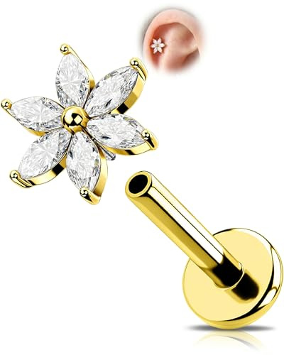 OUFER 16G Blume Helix Ring Gold Innengewinde Conch Piercing Ring Titan G23 Lippenpiercing Klar CZ Knorpel Ohrpiercing 6/8 mm Helix Tragus Piercing Körperpiercing