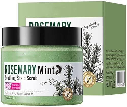 Scrub per cuoio capelluto al rosmarino e menta, per radici grasse e con forfora, trattamento detergente ed esfoliante profondo, a base vegetale, lenitivo e riparatore