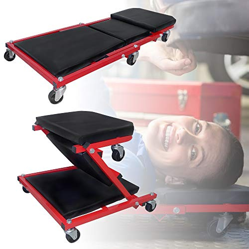 AufuN 2 in1 KFZ Montagerollbrett Werkstatthocker aus Metall, Werkstatt Rollbrett bis 150kg 6 leichtgängige 360° Lenkrollen, 92x44x12cm Schwarz