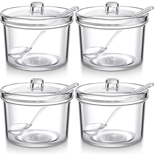 Patelai 4 Pieces Sugar Bowl Acrylic Clear Sugar Bowl with Lid and Salt Spoon Storage Jar with Airtight Lid for Salt, Tea, Spices, Herbs, Condiments(7.1 oz)