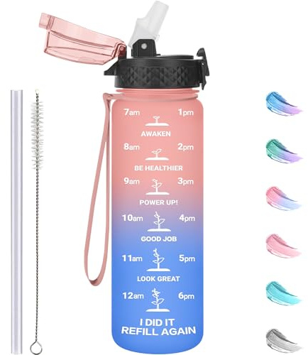 GOPPUS 500ml/17oz Kids Water Bottles with Straw Tritan Childrens Bottle with Flip Top Lid BPA Free Measured Drinks Bottle with Strap Sports Reusable Time Markings Leakproof (Pink Blue)