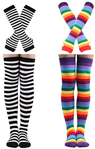 Barrlves 2 Sets Womens Striped Knee High Socks Long Knit Arm Warmers Fingerless Gloves for Halloween Costume (2sets Striped Black+Rainbow Purple)