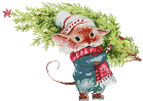 Awesocrafts Kreuzstich Stickpackungen Vorgedruckt Maus trägt Weihnachtsbaum nach Hause Bilder Vorlagen Sticken Set Vorgedruckt 11CT 3 Stränge