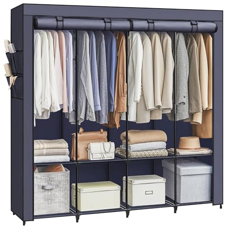 SONGMICS Armario, 4 Barras de Ropa, Estantes, 4 Bolsillos Laterales, Almacenamiento, de Tela, Perchero, Plegable, 45 x 170 x 167 cm, Azul Oscuro RYG094I02