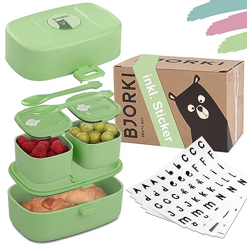 BJORKI Bento Box für Kinder Brotdose mit 3 Fächer für Schule & Kindergarten | Grün - Brotdose und Jausenbox mit 3 Fächern für Kindergarten und Schule. BPA-frei, auslaufsicher und spülmaschinenfest.