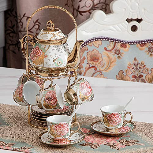 Service De Tasses Et Soucoupes pour 6 Coffrets Cadeaux De 20 Pièces en Porcelaine avec Théière, Cuillères À Café Et Support en Fer, Facile À Nettoyer, pour Cappuccino, Café, Latte, Expresso