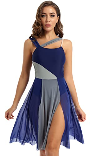 iEFiEL Damen Lyrisches Tanzkleid Mit Asymmetrisch Rock Ballettkleid Wickelrock Tango Latein Kleider Leotard Ballettanzug Trikot Tanz-Body Gr. Xs S M L XL Xa Navy blau XS