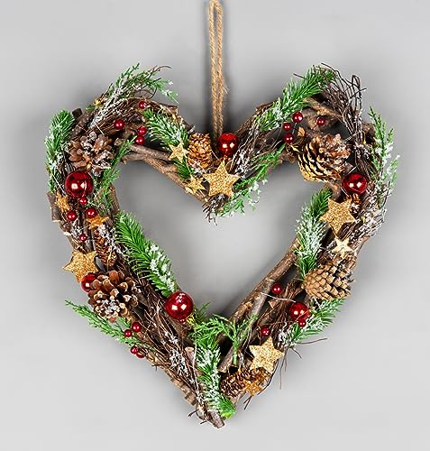35cm Prelit Heart Wreath Battery Operated - Wooden Twigs Base Decorated with Red Baubles,Berries,Stars,Foliage,Pine Cones, Micro Rice LED Lights - Christmas Home Hanging Decoration