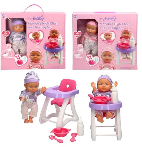 Teach Time MyBaby Matilda's High Chair and Feeding Set, Baby Doll with Striped Outfit, 23cm Chair with Accessories, Pink and Purple
