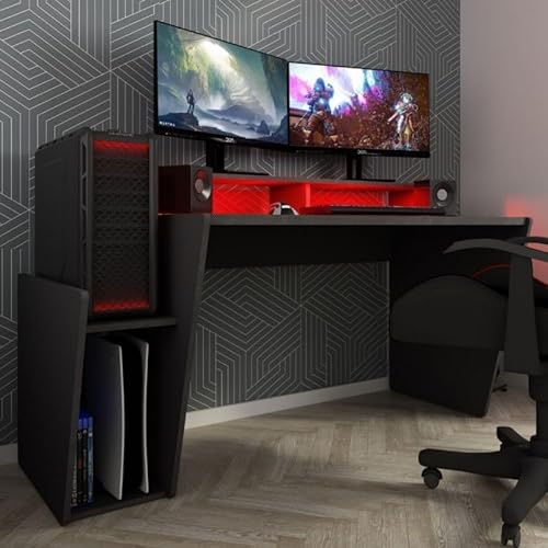 Wendbarer Gamer's Desk in Anthrazit mit doppelter Ablage und LED-Beleuchtung