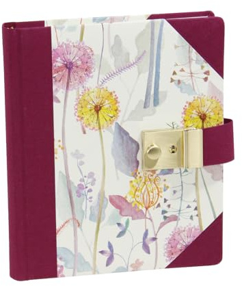 Vera Donna Buchbinderische Papier & Lederverarbeitung Tagebuch mit Schloss Blumenzauber mit Rücken und Buchecken aus weinrotem Buchbinderleinen