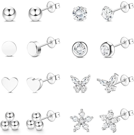 Dochais 8 Paar Ohrstecker Silber Set für Damen Ohrstecker Klein Silber Ohrringe Chirurgenstahl Ohrringe Stecker Zirkonia Herz Ball Hypoallergene Creolen Set Knorpel Helix Conch Piercing Ohr