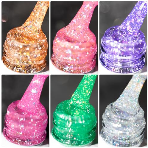BURANO Reflective Glitter UV Gel Nail Polish, 7.3ml Green Purple Pink Silver Orange Sparkle Holographic Glitter Gel Nail Polish for DIY Home UV Lamp Required 6 Bottles DIY YH4