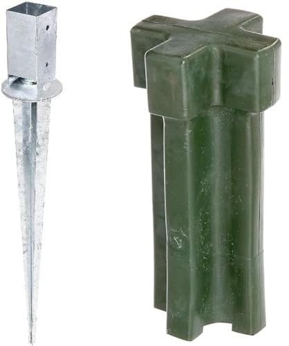 Alberts 208127 Einschlag-Bodenhülse | 71 x 71 mm, Gesamtlänge 900 mm und Alberts 211233 Einschlag-Werkzeug | 70 x 70 mm und Ø80 mm | Kunststoff, grün, feuerverzinkt