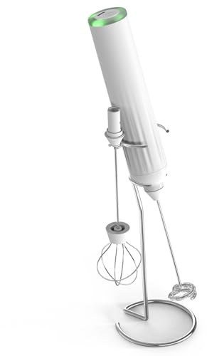 Meichoon Mini fouet électrique à main avec 2 têtes de mélange avec support en acier inoxydable, 3 modes de vitesse pour lait, café, latte, chocolat chaud KT51 Blanc