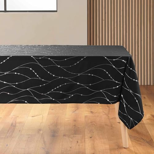 Douceur d'Intérieur, Nappe de Fête Rectangle (140 x 240 cm) Firmament Noir/Argent, Microfibre Imprimée
