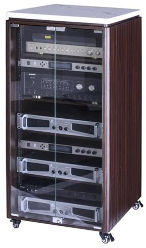 LYXWGRZD Audio Rack HiFi Regal, mehrstufiger HiFi Rack, Phonoschrank mit Tür aus gehärtetem Glas, Record Player Stand mit universellem Raddesign, Starke Tragfähigkeit(120cm/47.2in)