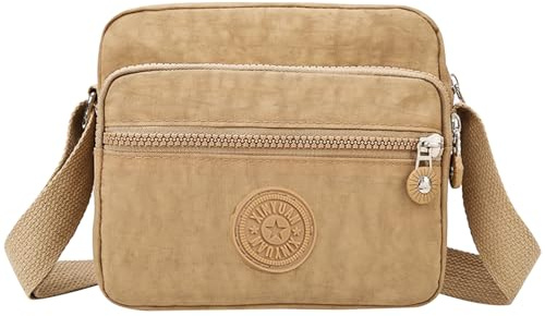 KYSUN Bolso Bandolera Mujer, Impermeable Bolsos de Hombro Casual Mujer de Nailon, Moda Crossbody Múltiples Bolsillos, Bolsa de Cuerpo Cruzado con Correa Ajustable para Viaje shopper Escuela (Caqui M)