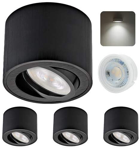 Sweet Led 4x Deckenspots Schwarz Gebürstet – Aufbauspots Flach & Schwenkbar Ø80x50mm – wechselbares LED Modul 5W 4000K Neutralweiß – Aufbaustrahler 230V Aluminiumgehäuse