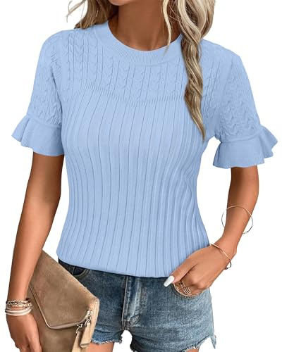 Arach&Cloz Pullover Damen Sommer Kurzarm Strickpullover Rundhals Casual Leicht Strickpulli Top, L