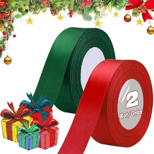 Geschenkband Weihnachten, schleifenband weihnachten, 46m × 25mm geschenkband zum Basteln Geschenkverpackung, Rot Dunkelgrün Satin Band Dekoband für Weihnachtsdeko Hochzeit Geburtstag Party