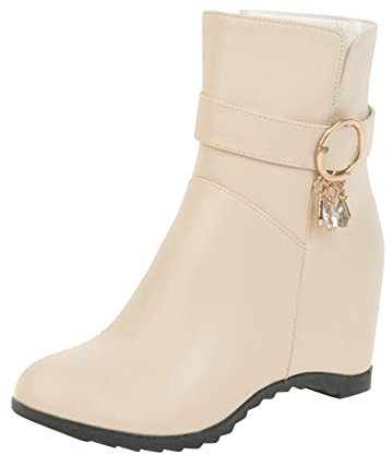 Sexy 42 Rhinestone hebilla de cinturón decorativa tacón cuña cremallera lateral botas ropa de caza damas, beige, 42 EU