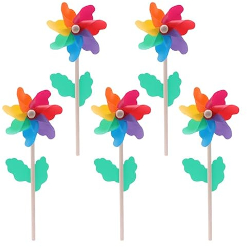 VICASKY Novelty Diy Pinwheels Craft for Kids 5pcs Rainbow Yard and Garden 4.7 inch Wooden DIY Windmill Crafts Colorful Wind Outdoor Lawn Patio Decor Party Favors