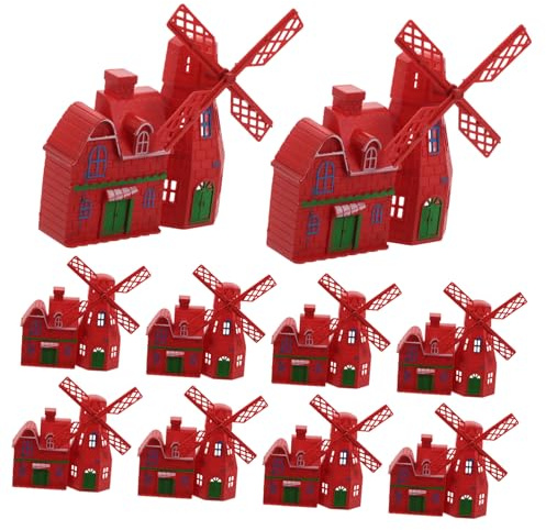 ERINGOGO 10pcs Red Dutch Windmill Model Miniature Vintage Farmhouse House Statue Toy for Micro Landscape Garden Fairy Garden Accessories